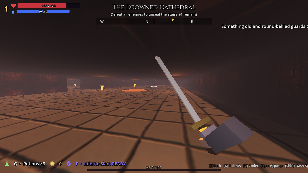 First-person view of a dungeon, The Drowned Cathedral, holding a hammer